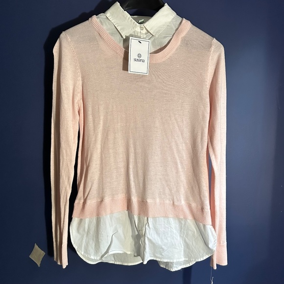 Susina Pink/White Cotton Knit Sweater Removable Collar Small - Picture 1 of 5